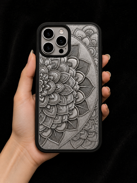ZILVIQ Mandala 925 Silver Luxury Case featuring an intricate handcrafted mandala design in authentic hallmarked sterling silver.